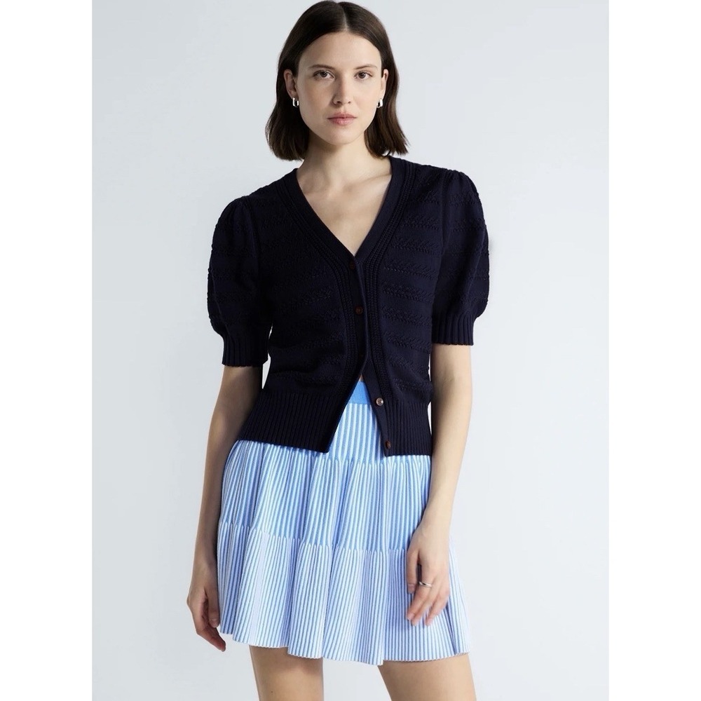 Free Assembly Cotton Crochet Cardigan Sweater Women's S Navy Puff Sleeve NWT